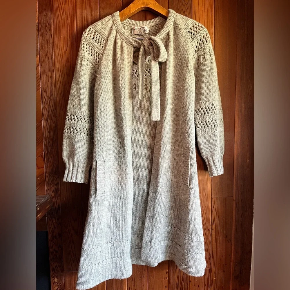 Elegant Cream Knit Sweater 100% wool Cozy cabin cottage cardigan heather grey - Picture 6 of 6